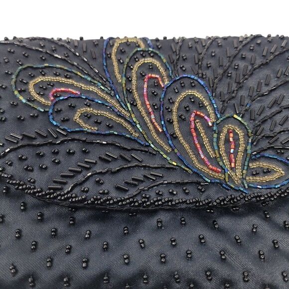Vtg Formal Black Satin Beaded Evening Bag Peacock Beaded Embroidery Crossbody - Picture 2 of 6
